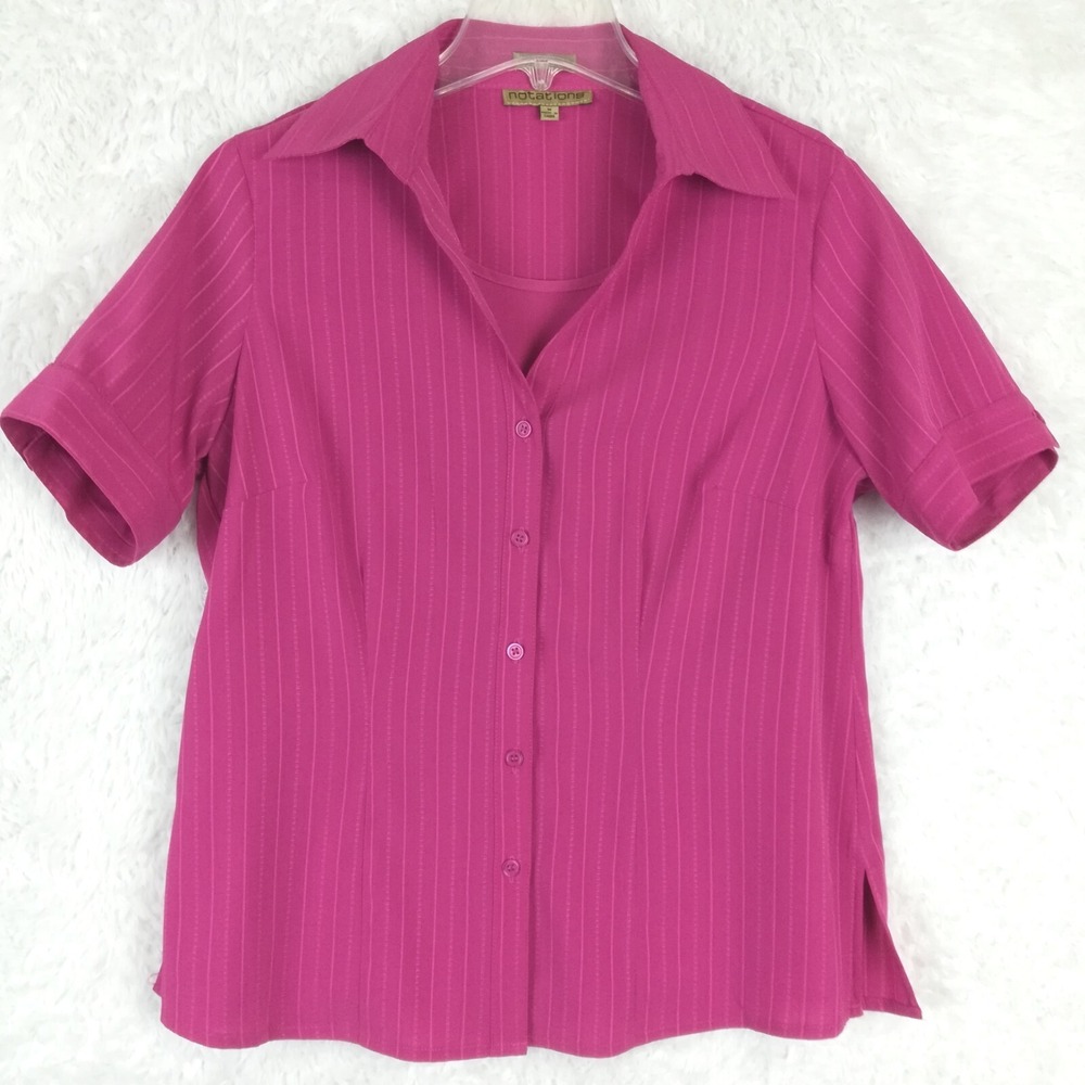Notations Shirt Womens Button Front Pink Short Sleeve Attached Undershirt M